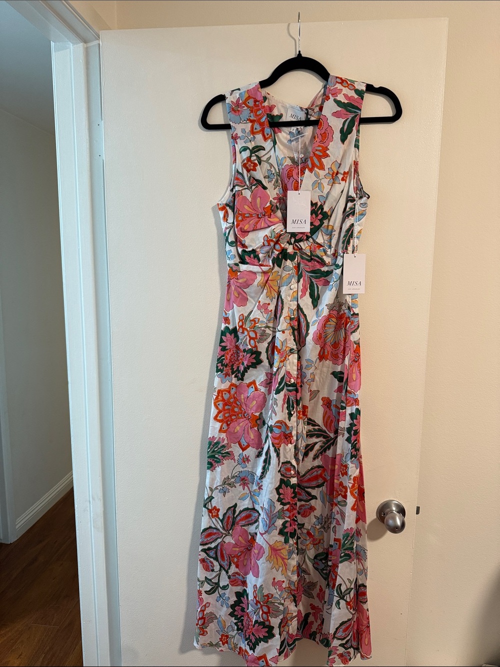 Misa Los Angeles Sleeveless Floral Tie-Front Maxi Dress in Pink and Green